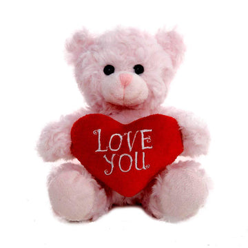 Plushland Stuffed Mocha Heart Bear - Plush Bear Toy For Kids & Adults - Embroidered Heart Pillow - Brown-6 Inches (Love You-Pink)