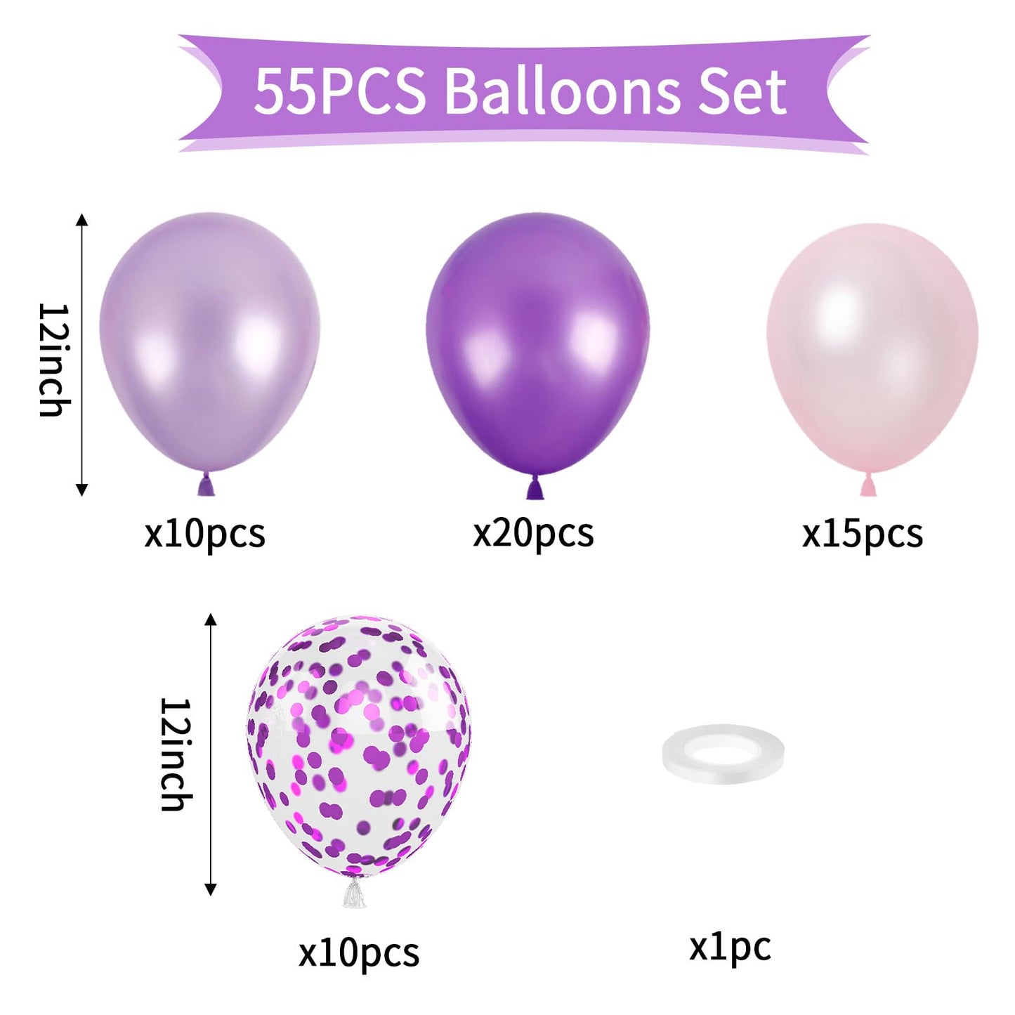Purple Balloons, 55Pcs Dark Purple Party Balloons 12 Inch Pearl Pale Pink And Purple Latex Balloons Light Purple Helium Balloons