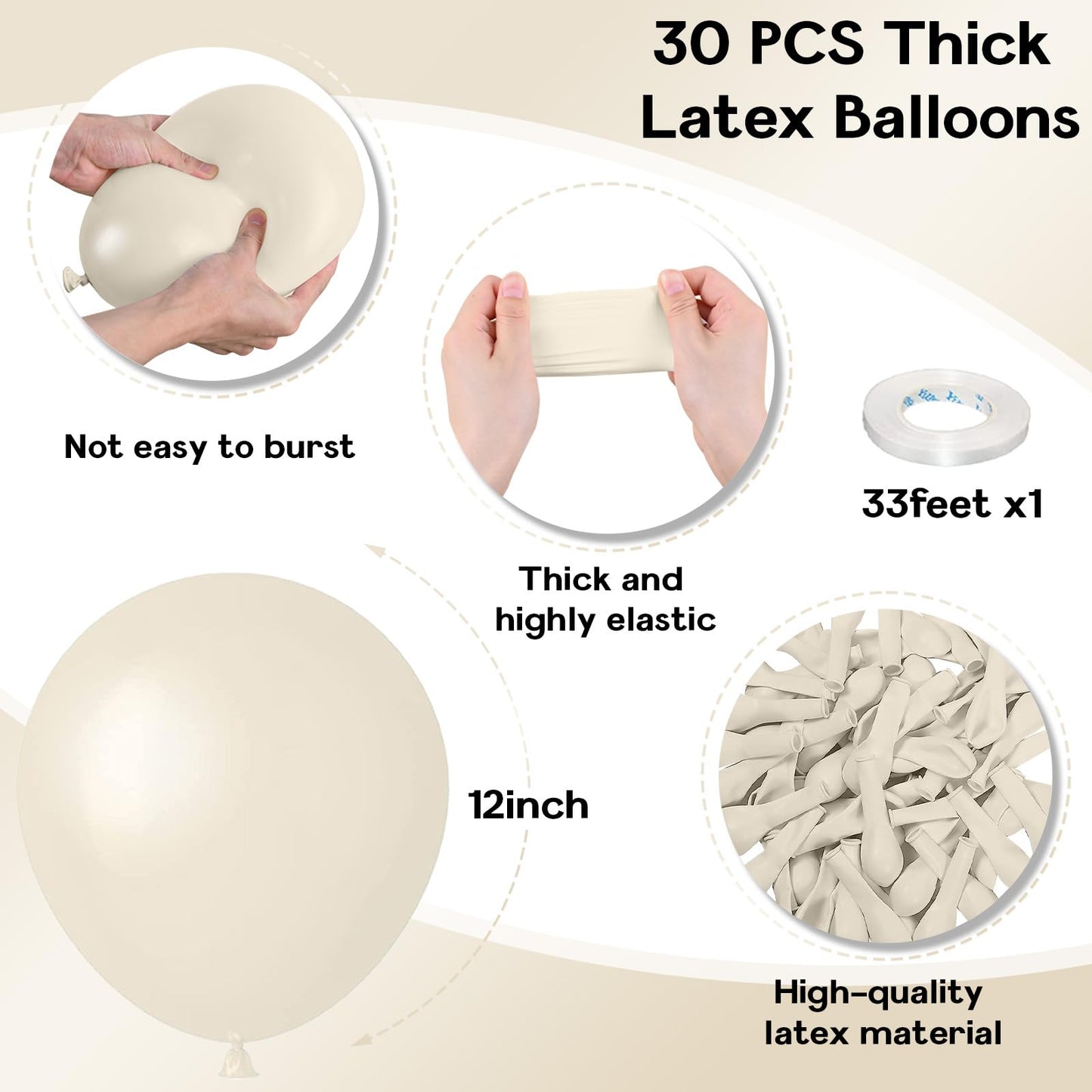 Jobkoo White Sand Balloons, 12 Inch 30 Pcs Beige Balloon Boho White Latex Cream Balloons Matte Off White Sand Neutral Helium Bal