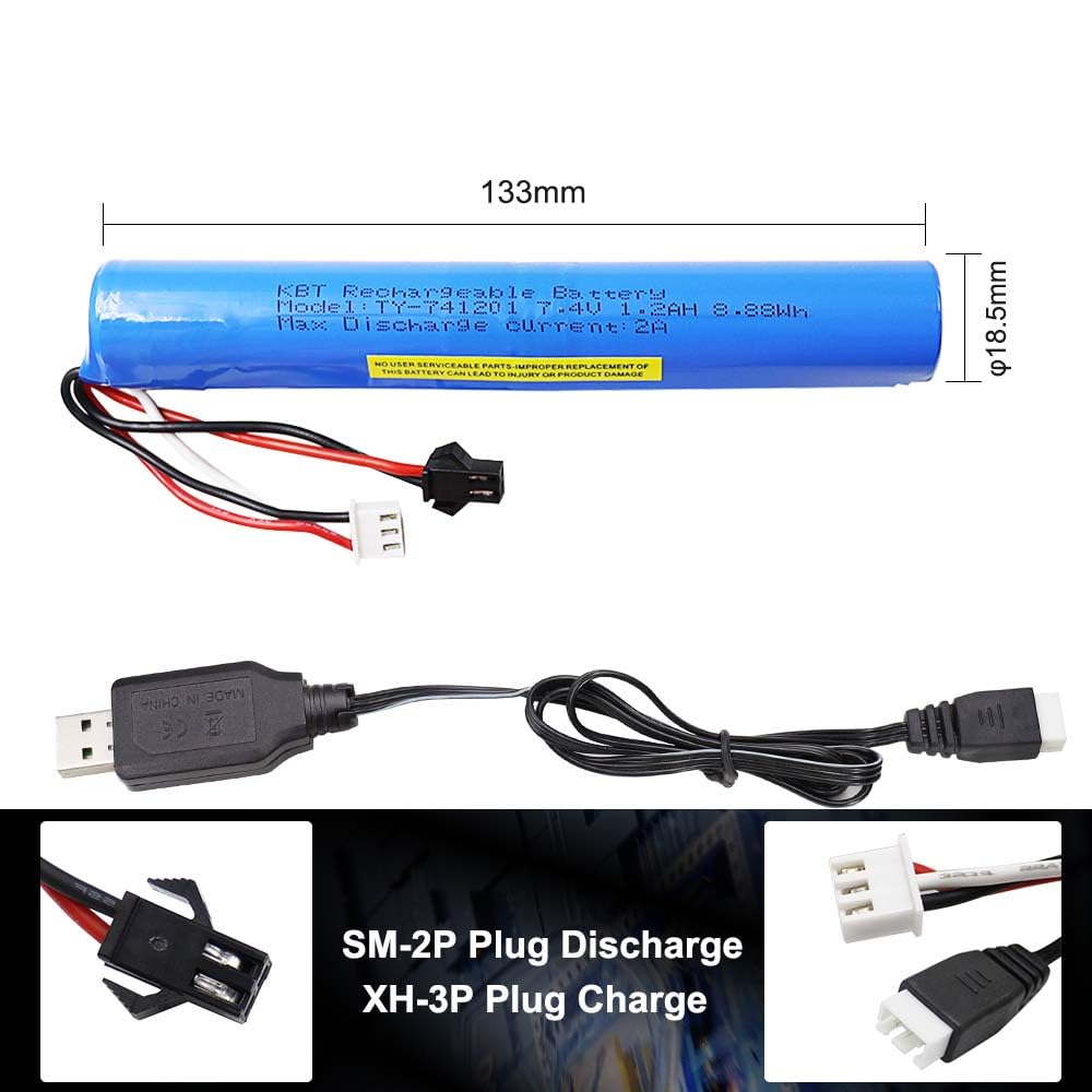 Kbt 7.4V 1200Mah Li-Ion Rechargeable Battery Pack With Sm-2P Plug & Xh-3P Charging Plug, Lithium-Ion Battery With Usb Cable For