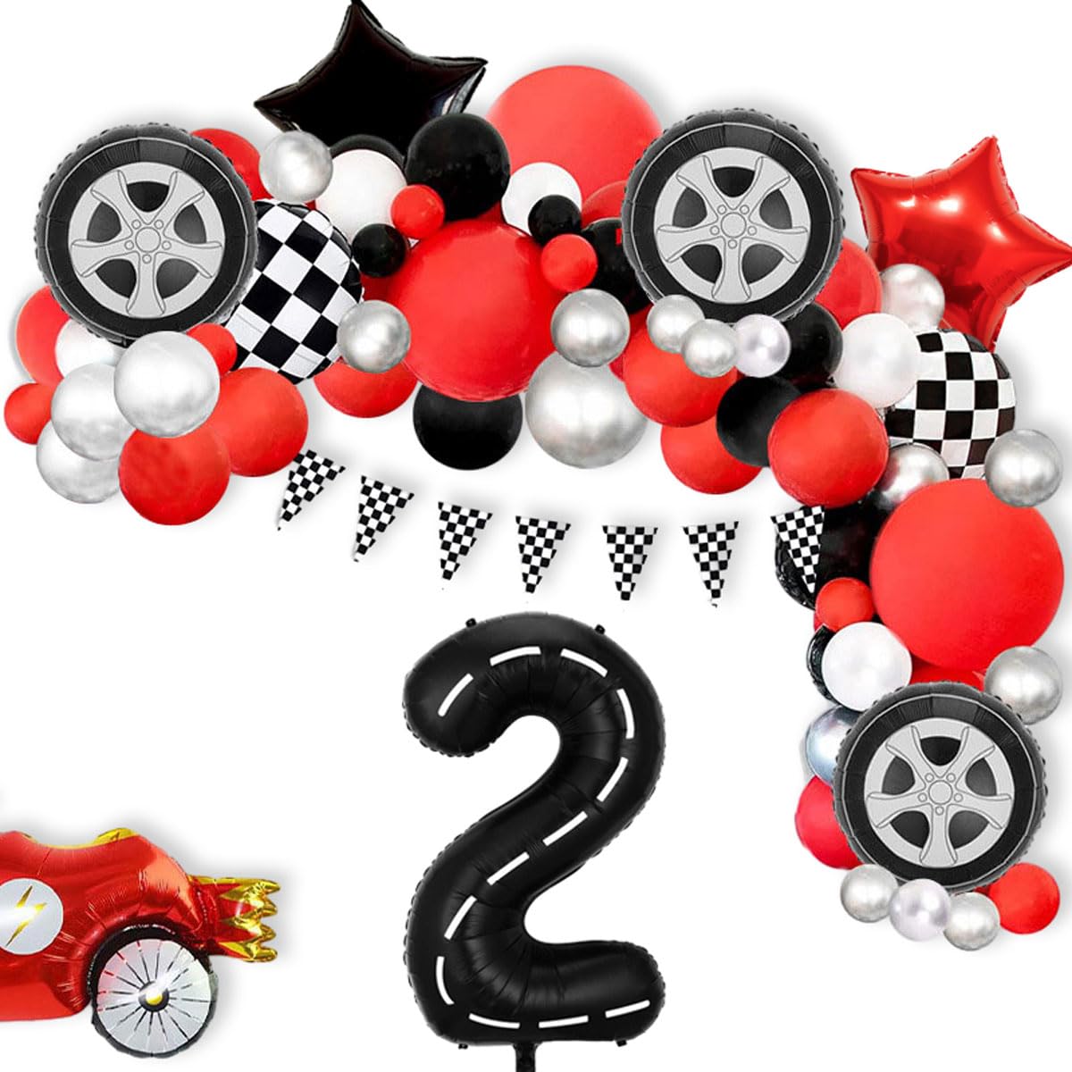 Eostankr Race Car Birthday Balloons - 40" Black Number 2 Mylar Balloon, 7 Pcs, Race Car Theme Party Decor
