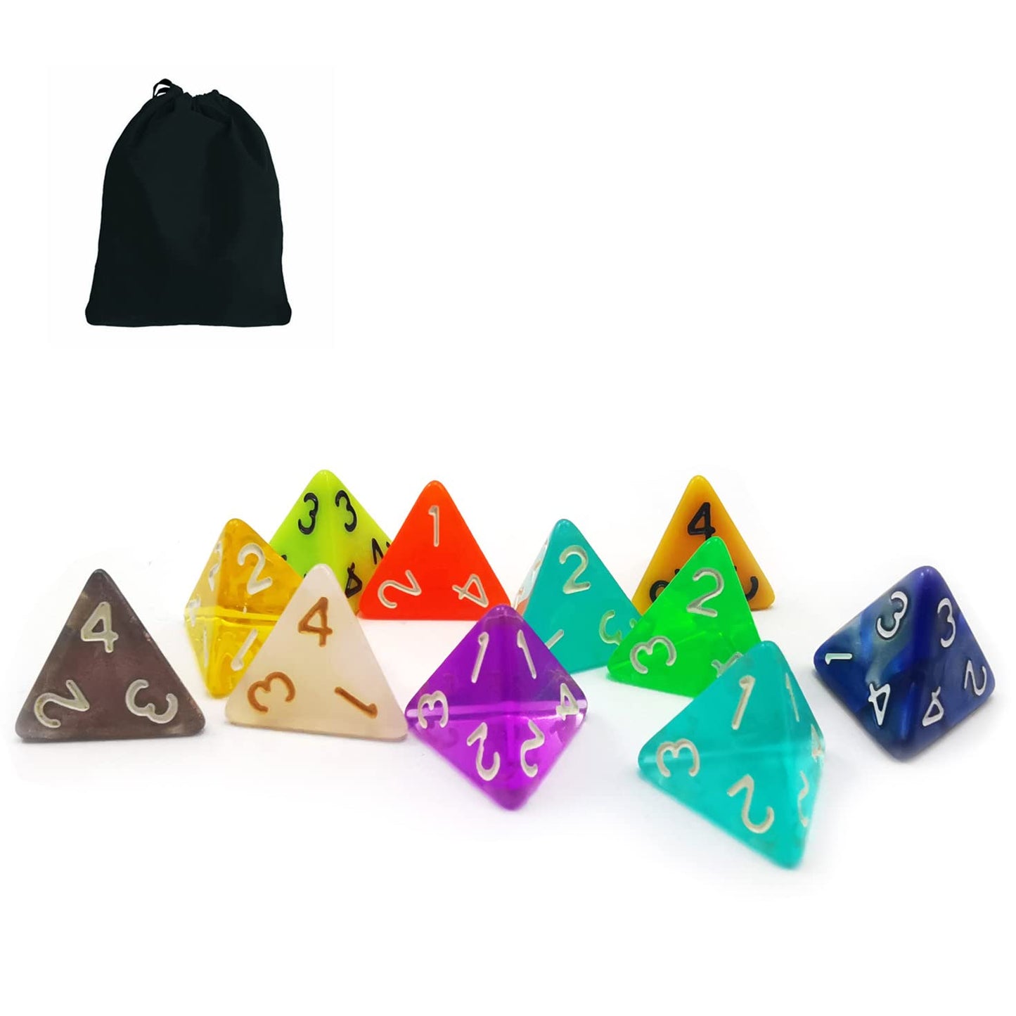 Bescon 10Pcs Set Of Polyhedral 4 Sided Dice Cube, 10 Count Assorted Random Multi Effected&Colored Pack Of D4 In Drawstring Pouch