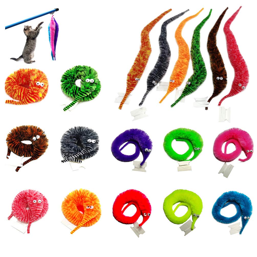 Shengsen 60 Pack Fuzzy Worm Toys String Pets Fuzzy Worms On String Bulk Trick Toy Party Favors For Kid Cat (12 Colors)