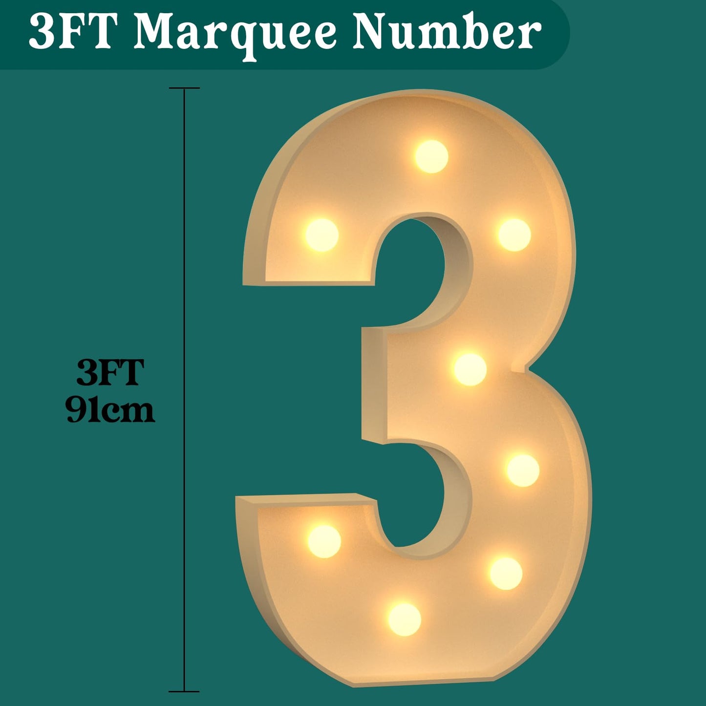 3Ft Marquee Numbers, Light Up Numbers 3 For 3Rd 13Th 30Th Birthday Decorations, Big Numbers For Party Decorations, Large Light U