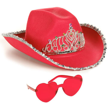 Funcredible Red Cowgirl Hat with Heart Glasses - Red Cowboy Hat with Tiara Crown - Halloween Cow Girl Costume Accessories - Fun 