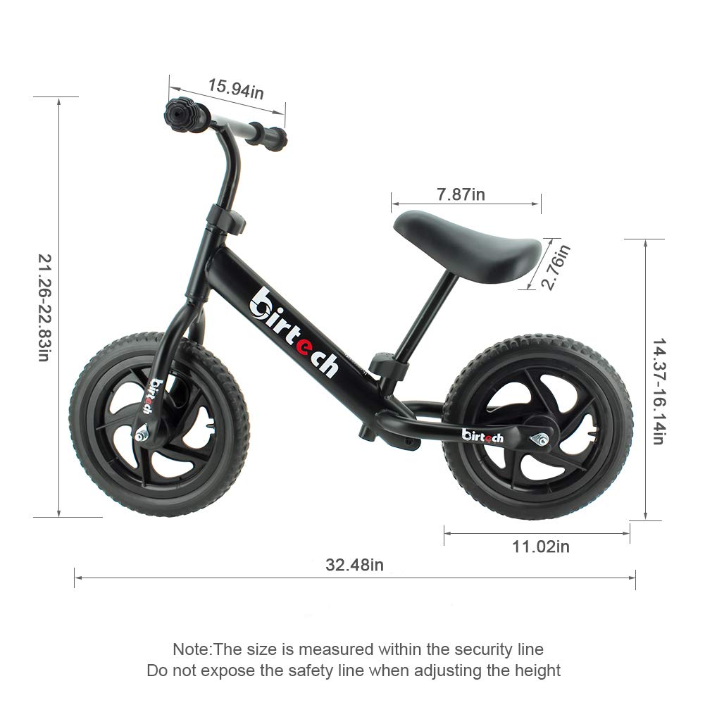 Birtech Balance Bike for Kids, 12" Carbon-Steel, Black, Adjustable Seat Height, No Pedal, Airless Tire, for Ages 2-5