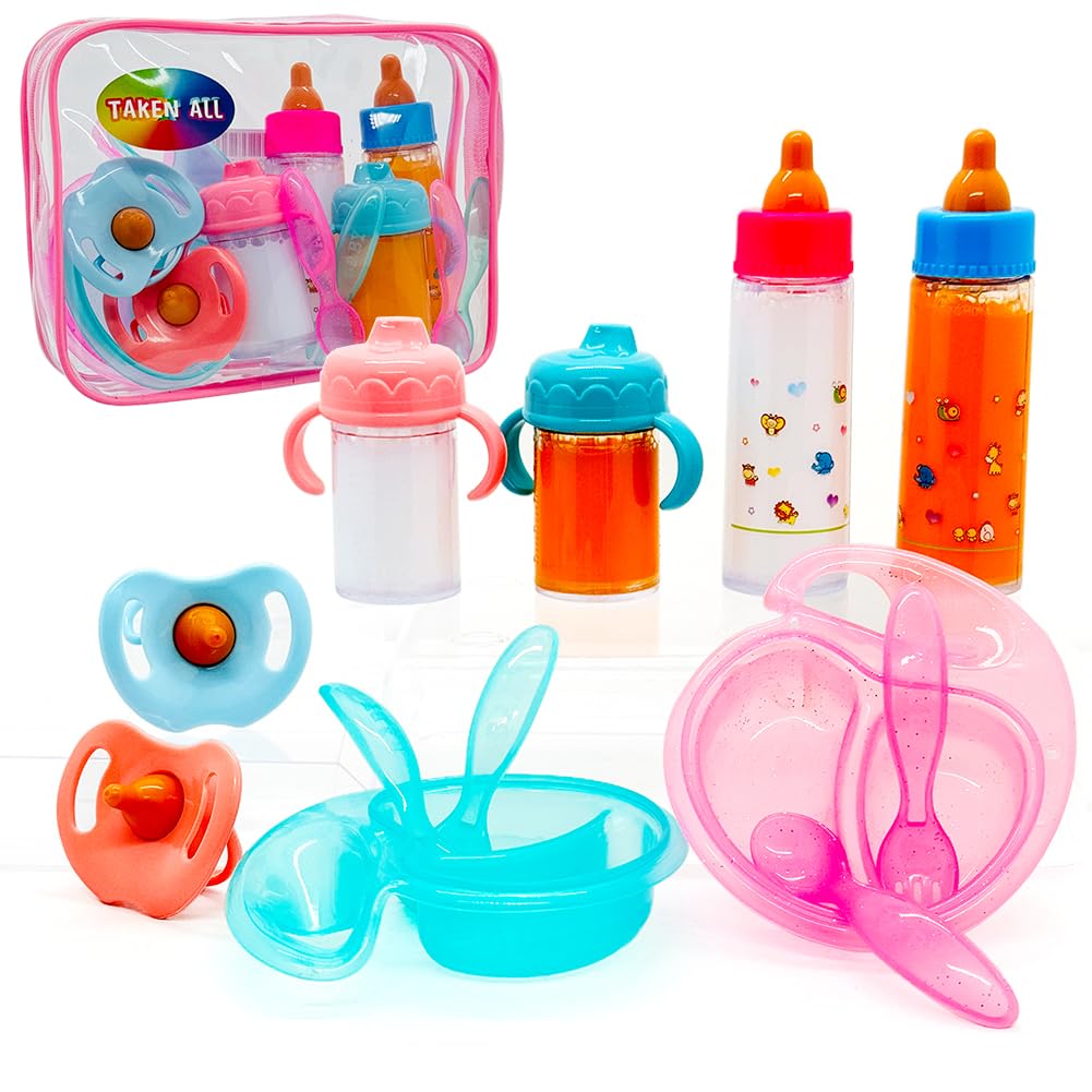 Baby Doll Accessories Magic Bottle Set Magic Disappearing Milk Juice Bottles Sippy Cups With Pacifiers Bowl Spoons, Doll Bottle Toys Feeding Pretend Playset For Kids Girls Ages 3+ (Middle Set(12Pcs))