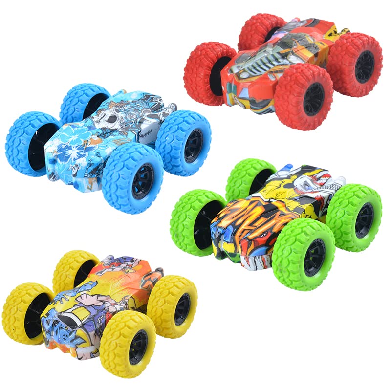 4pcs Doodle Monster Toys Truck Double-Sided Friction Powered Vehicles Flips Shockproof Inertia Cars Push and Go Vehicles for Tod