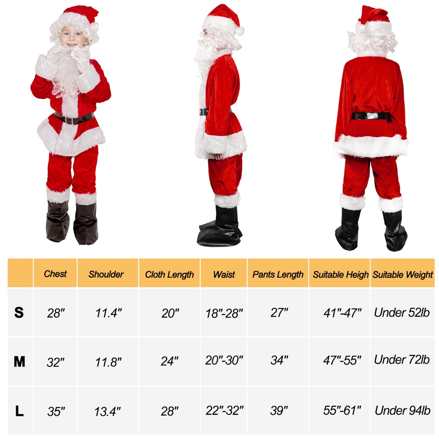Novint Childrens Santa Suit Costume For Kids Red Deluxe Velvet Santa Suit Halloween Christmas Party Cosplay Costome (9Pcs) (L, R