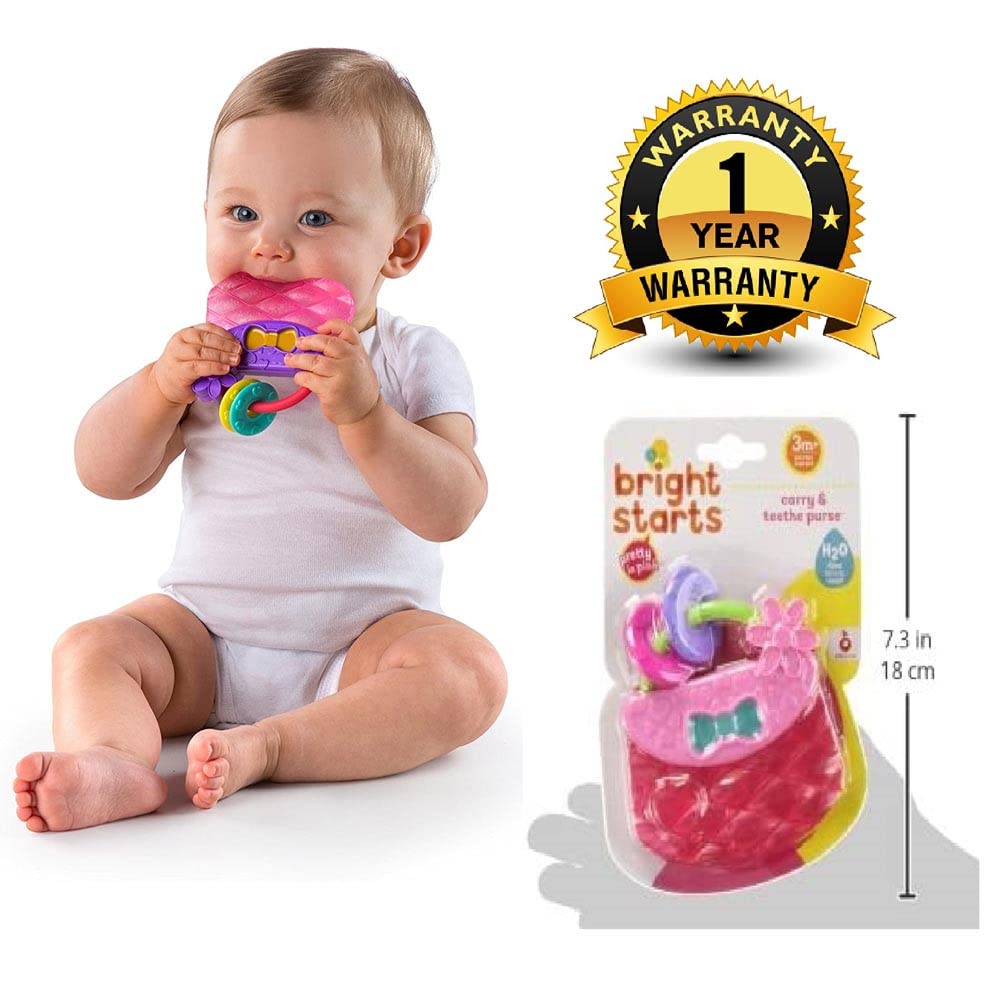 Bright Starts Carry & Teethe Purse Teether Toy, Chillable, 1 Count, Plastic, Ages 3 Months+, Pretty in Pink, Model 9063