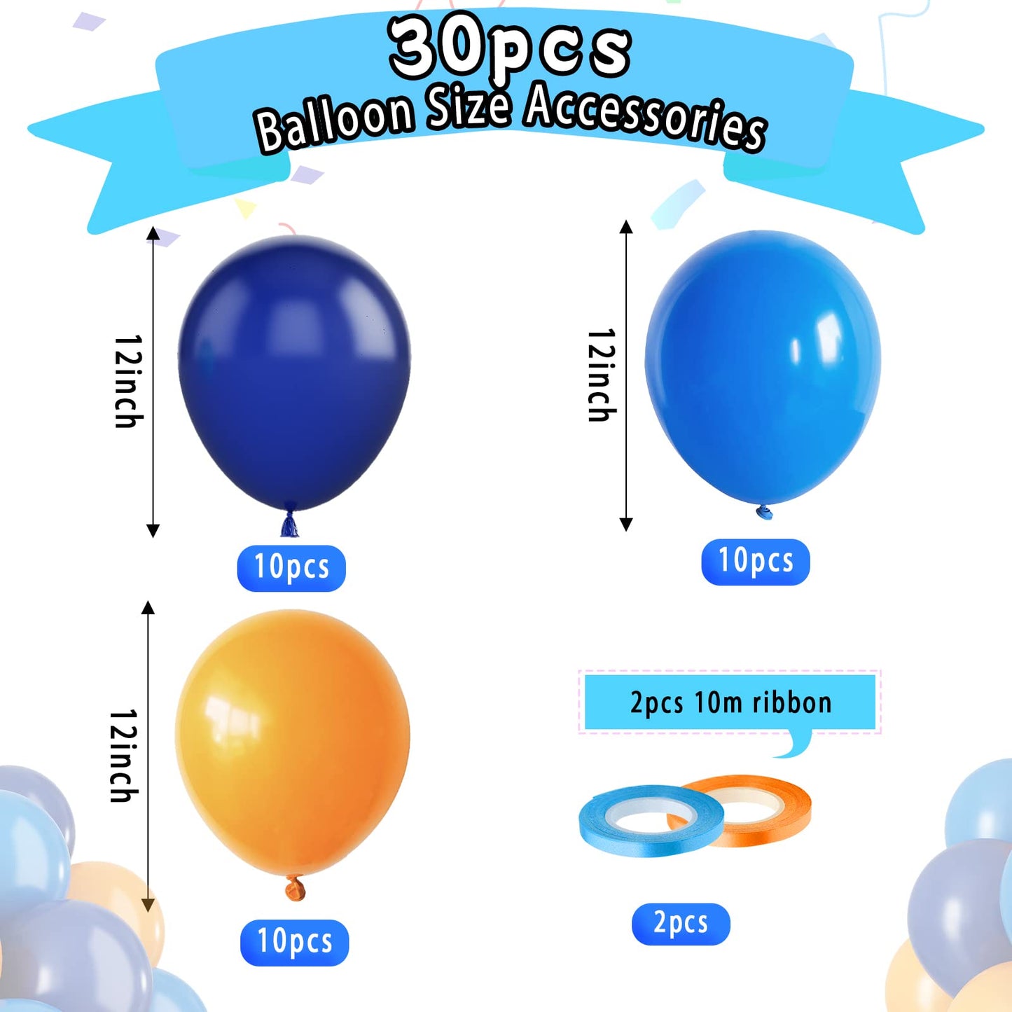 Paready Blue And Orange Balloons, 30 Pcs 12 Inch Orange Navy Blue Latex Balloons With Ribbons For Boys Birthday Baby Shower Comp
