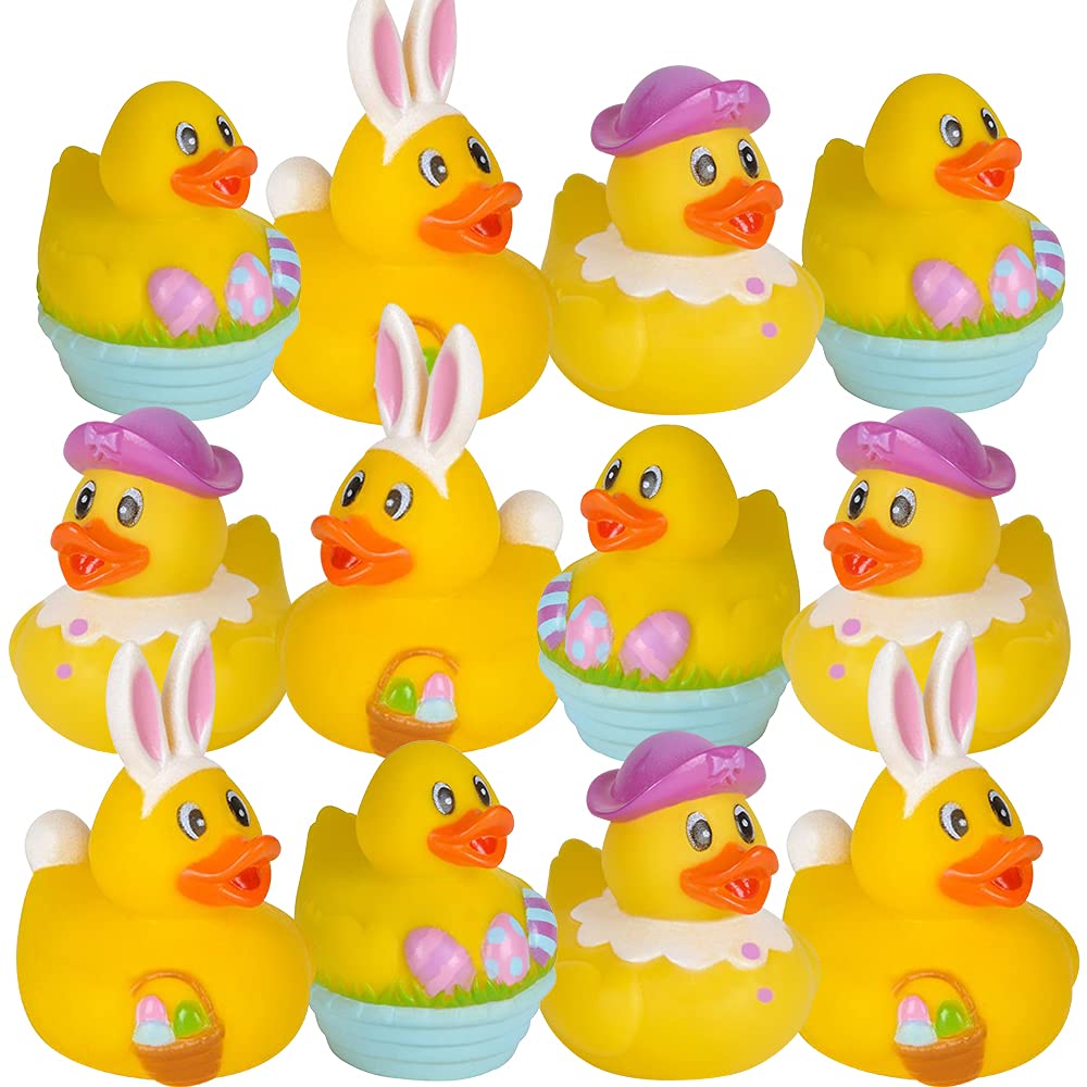 Artcreativity 2.5 Inch Assorted Easter Rubber Duckies For Kids, Pack Of 12, Mini Duck Surprise Toys For Filling Easter Eggs, Eas