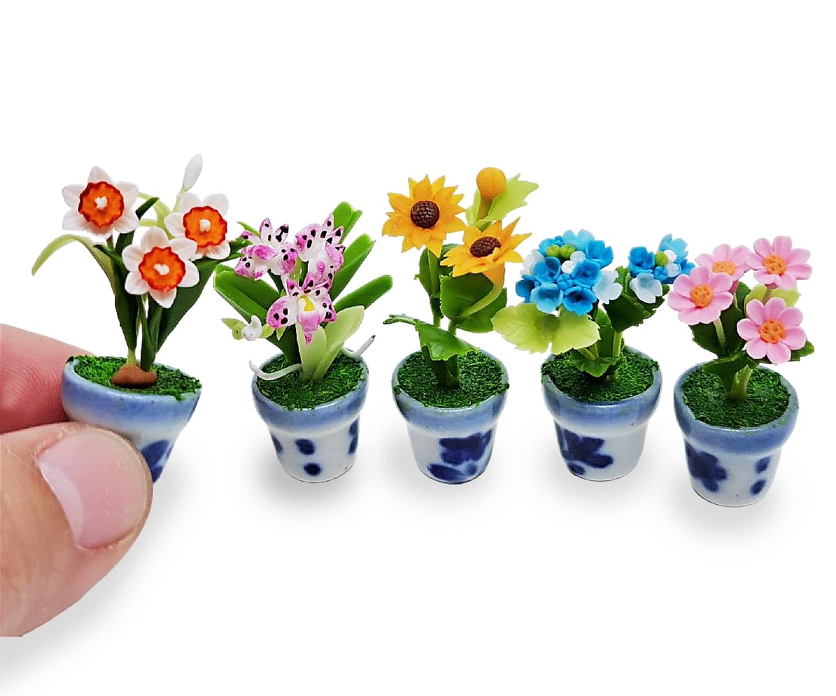 WitnyStore Tiny 1 High 5 Pieces Set Mix Sunflower Orchid Hydrangea Zinnia - Hand Made Artificial Flowers Colorful Miniature Real