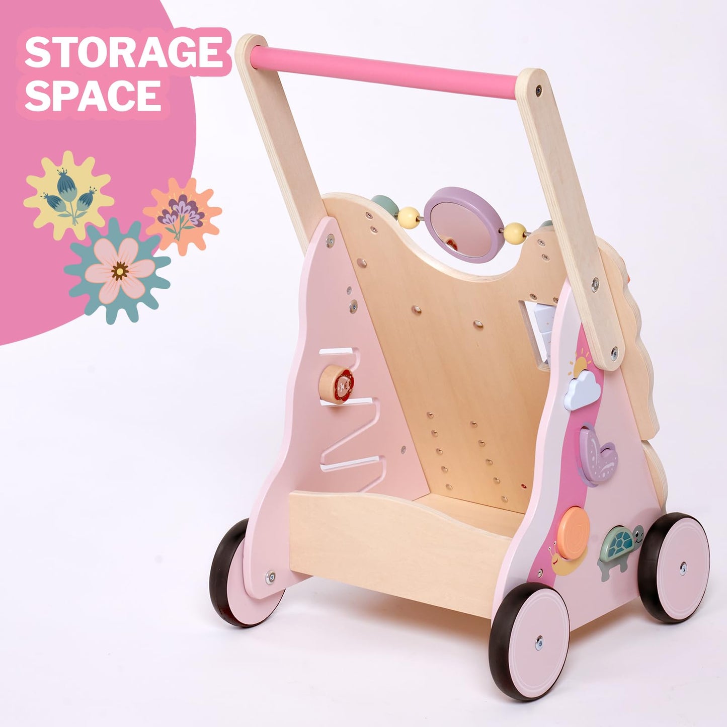 Giant Bean Wooden Baby Walker For Girls Toddler Kids 1-3, Pink Butterfly Push And Pull Multiple Learning Activity Walker With Wheels, Christmas Gift Develops Motor Skills & Stimulates Creativity