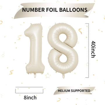 Biapian 40 Inch Cream Number 18 Balloon, 18Th Birthday Balloons, Big Digital 18 Or 81 Beige White Giant 18 Foil Balloon Helium F