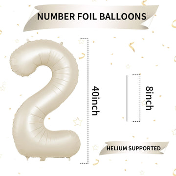 40 Inch Cream Number 2 Balloon, Beige Large 2Nd Birthday Balloons, Digital 2 Cream White Giant 2 Foil Balloon Helium For Boys Gi