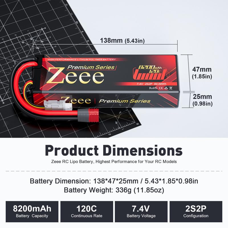Zeee Premium Series 2S 8200mAh Lipo Battery 7.4V 120C Hard Case Batteries with Deans T Connector for RC Car Truck RC Truggy RC B
