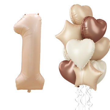 40 Inch Number 1 Balloon Decor, Cream Brown Foil Neutral Heart 1 Balloons With Taupe Star Helium Balloon For Girls Boys 1St Birt