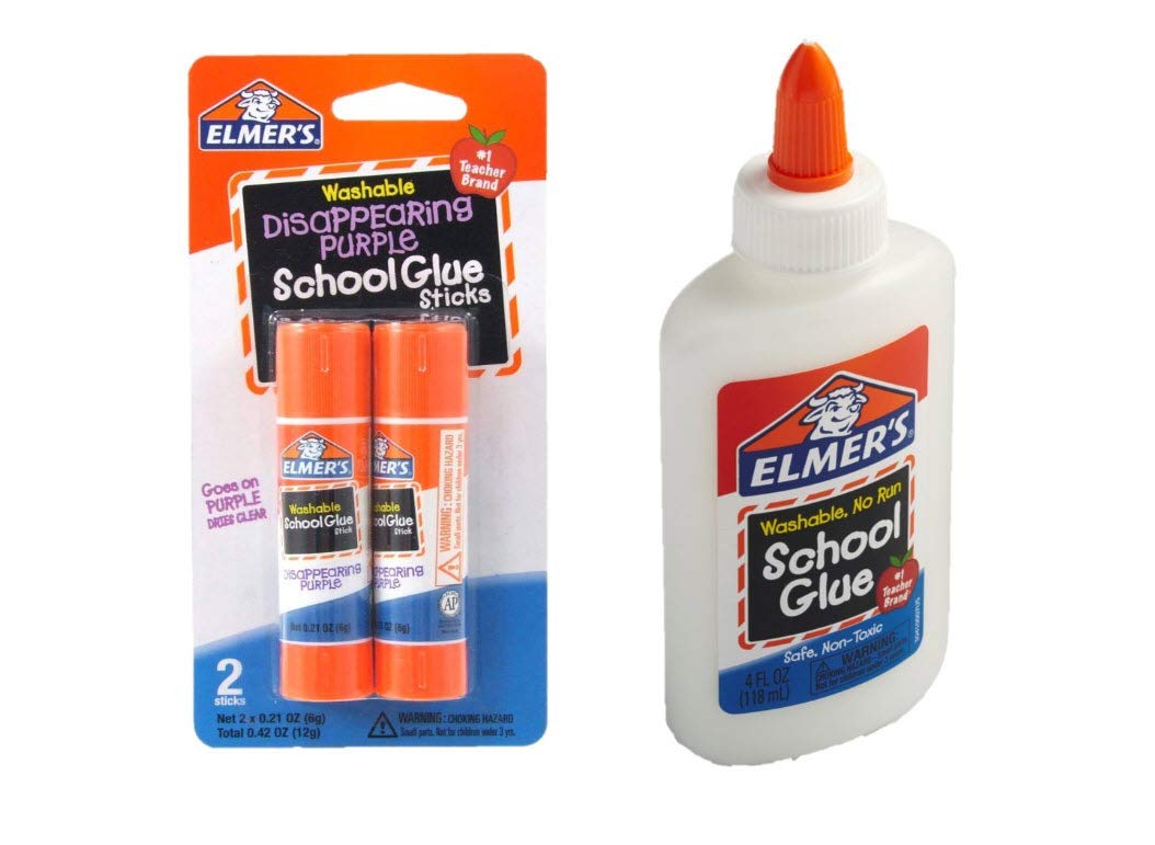 ElmerS Bundle Washable Liquid School Glue, White, Dries Clear, 4 Fl Oz Plus Disappearing Purple ElmerS School Glue Stick, 7G,