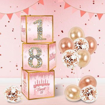 Toniful 4 Pcs Sweet 18Th Birthday Decorations Boxes For Girl, Sixteen Years Old Birthday Cardboard Box,Pink And Rose Gold 18Th B