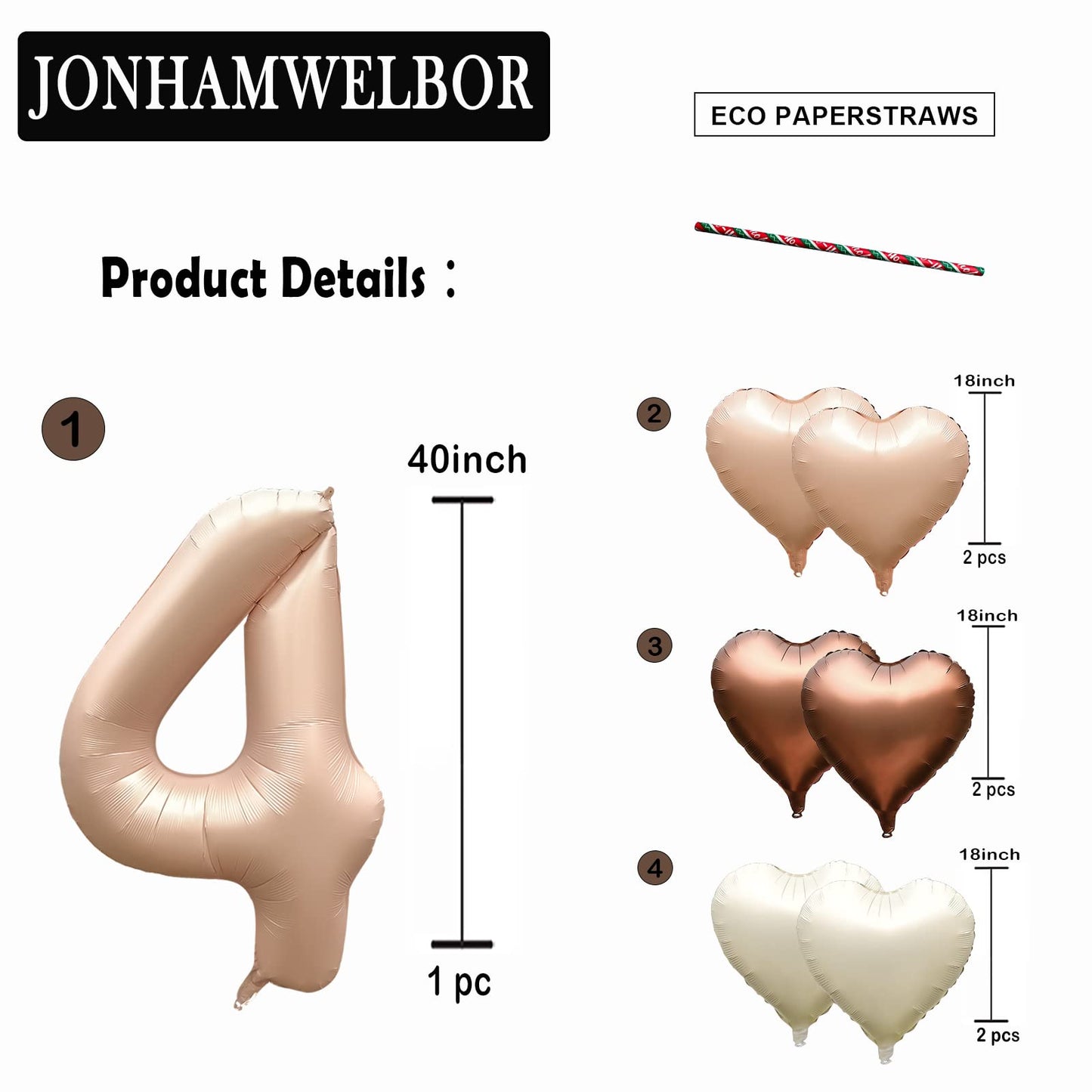 Jonhamwelbor 40 inch Caramel Number 4 Balloon Retro Large Big Giant Jumbo Foil Helium Mylar Number Balloon with Heart Balloons f