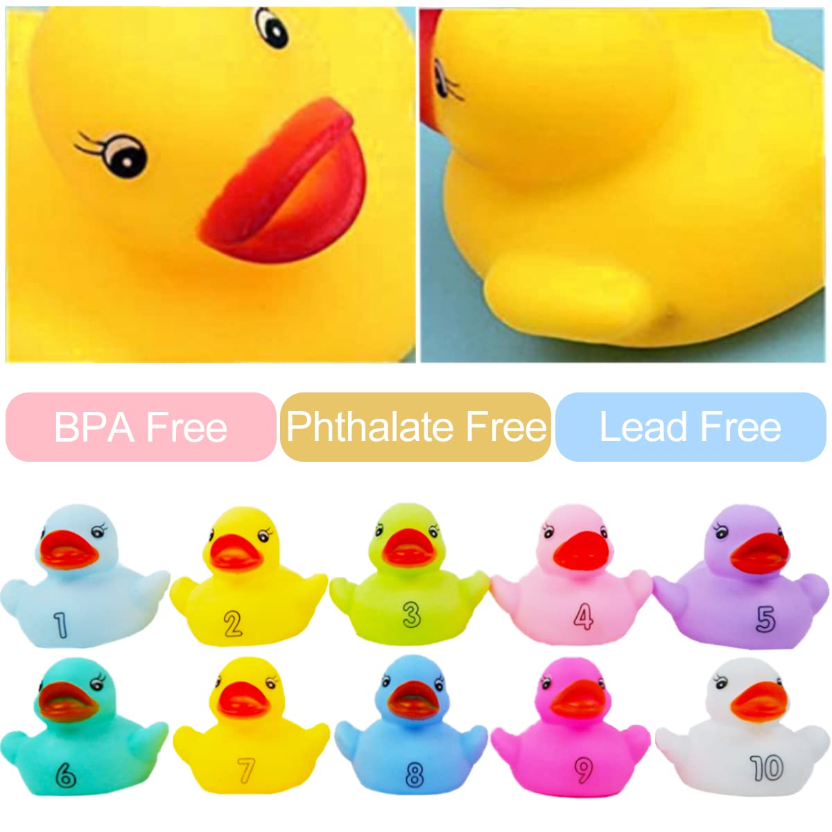 10 Pack: Numbers Counting Rubber Ducks Colorful Bath Toys - 1, 2, 3 Learn To Count Numeracy Early Learning Educational Bathtime Squeak Duckies Bathtub Set For Kids, Toddlers