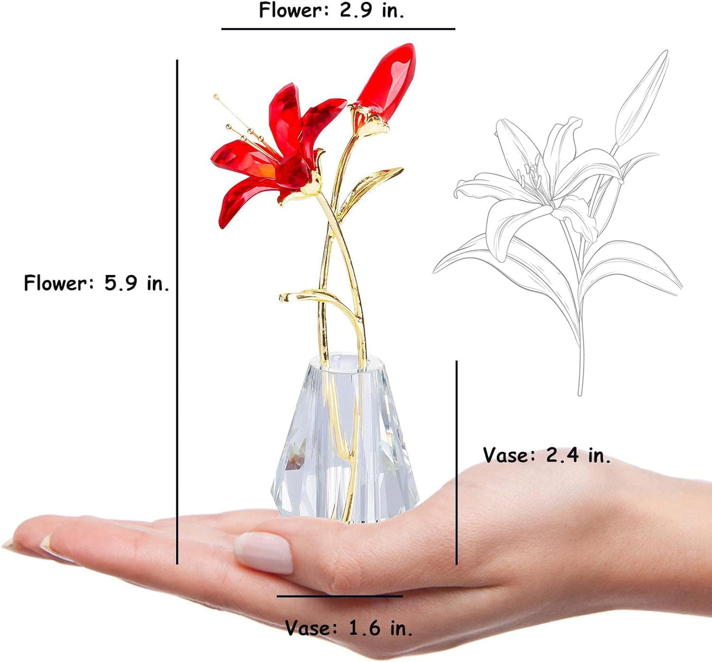 Red Crystal Pink Lily Flower Figurine With Stems - Handmade Collectible Statue For Decoration Mothers Day Centerpiece Valentines Day Bridal Shower Gift