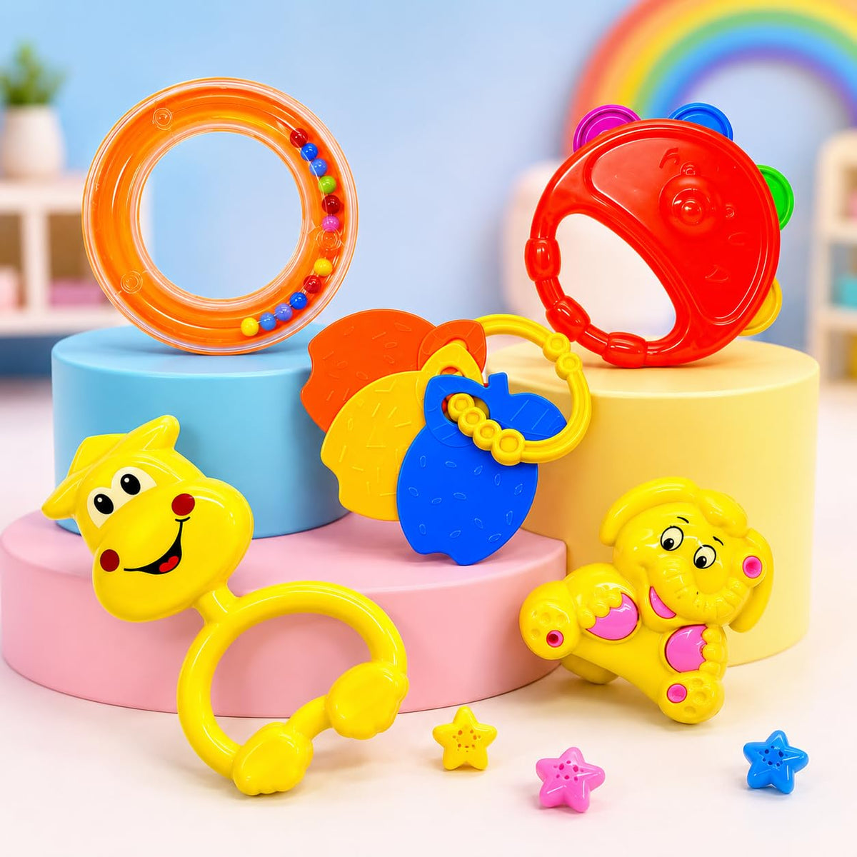 Kidzfun 5 Pcs Baby Rattle & Teether Toy Set | Newborn Educational Sensory Toys | Colorful Infant Hand Grip Toys | Bpa Free Baby 
