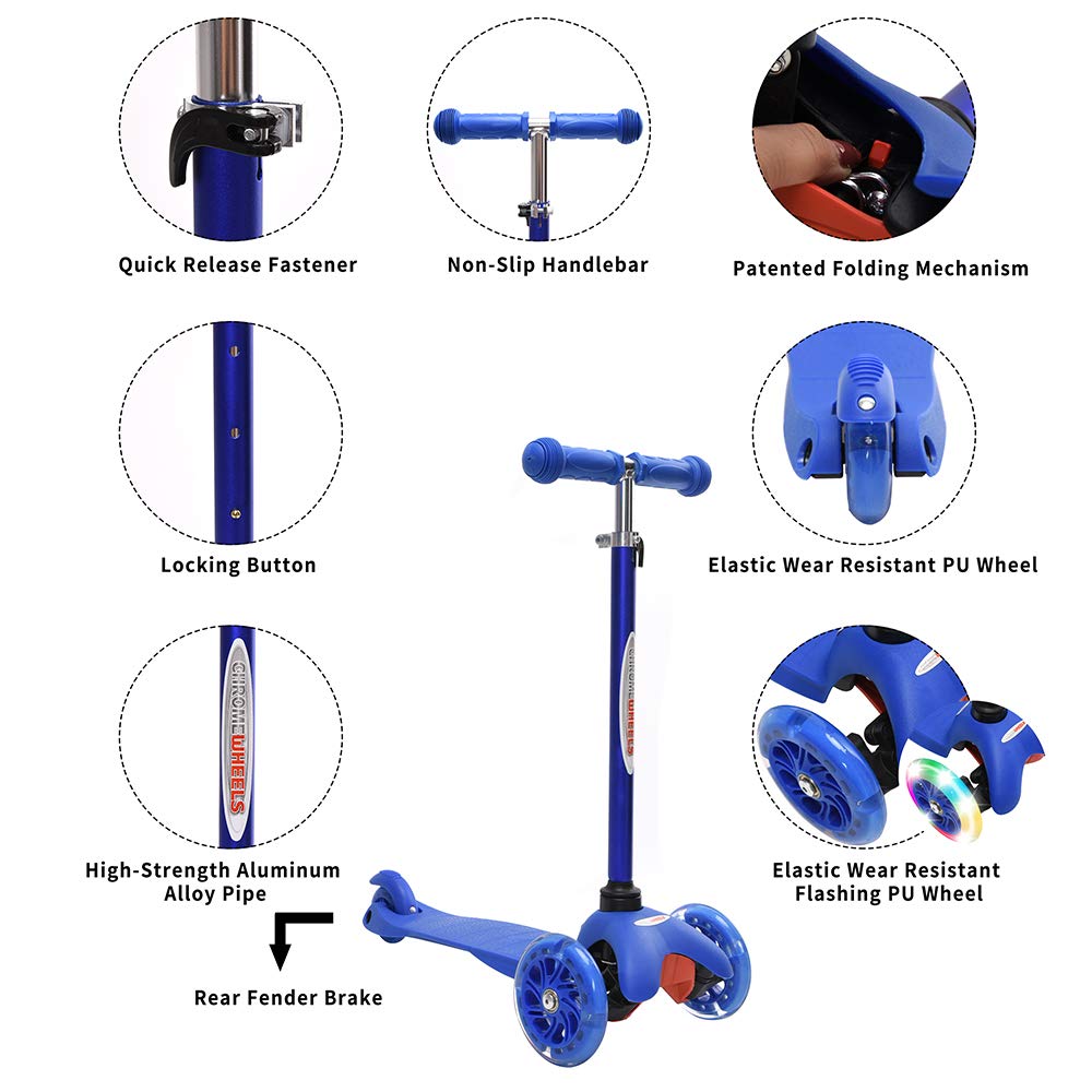 Chromewheels Scooter For Kids, Deluxe 3 Wheel Scooter For Toddlers 4 Adjustable Height Glider With Kick Scooters, Lean To Steer With Led Flashing Light For Ages 3-6 Girls Boys (Blue)