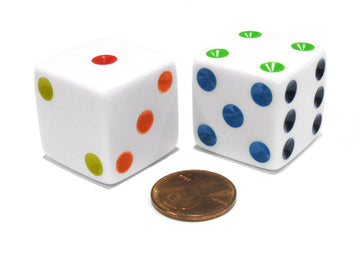 Koplow Games Set of 2 D6 25mm Large Opaque Jumbo Dice - White with Multicolor Pips
