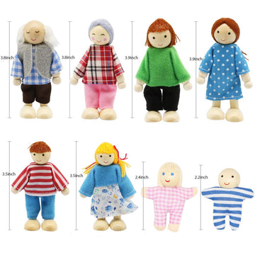 Lovely Family Dollhouse Dolls Set Of 8 Wooden Figures, Kids Girls Happy Playset Characters Accessories For Children Pretend Gift