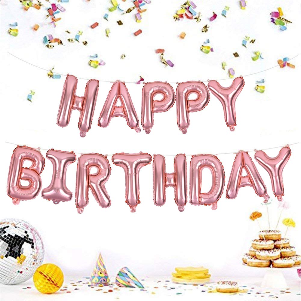 TONIFUL Rose Gold Mylar Foil Birthday Balloons Banner, 16 Inch, Reusable Aluminum Letters for Kids & Adults Party Decorations