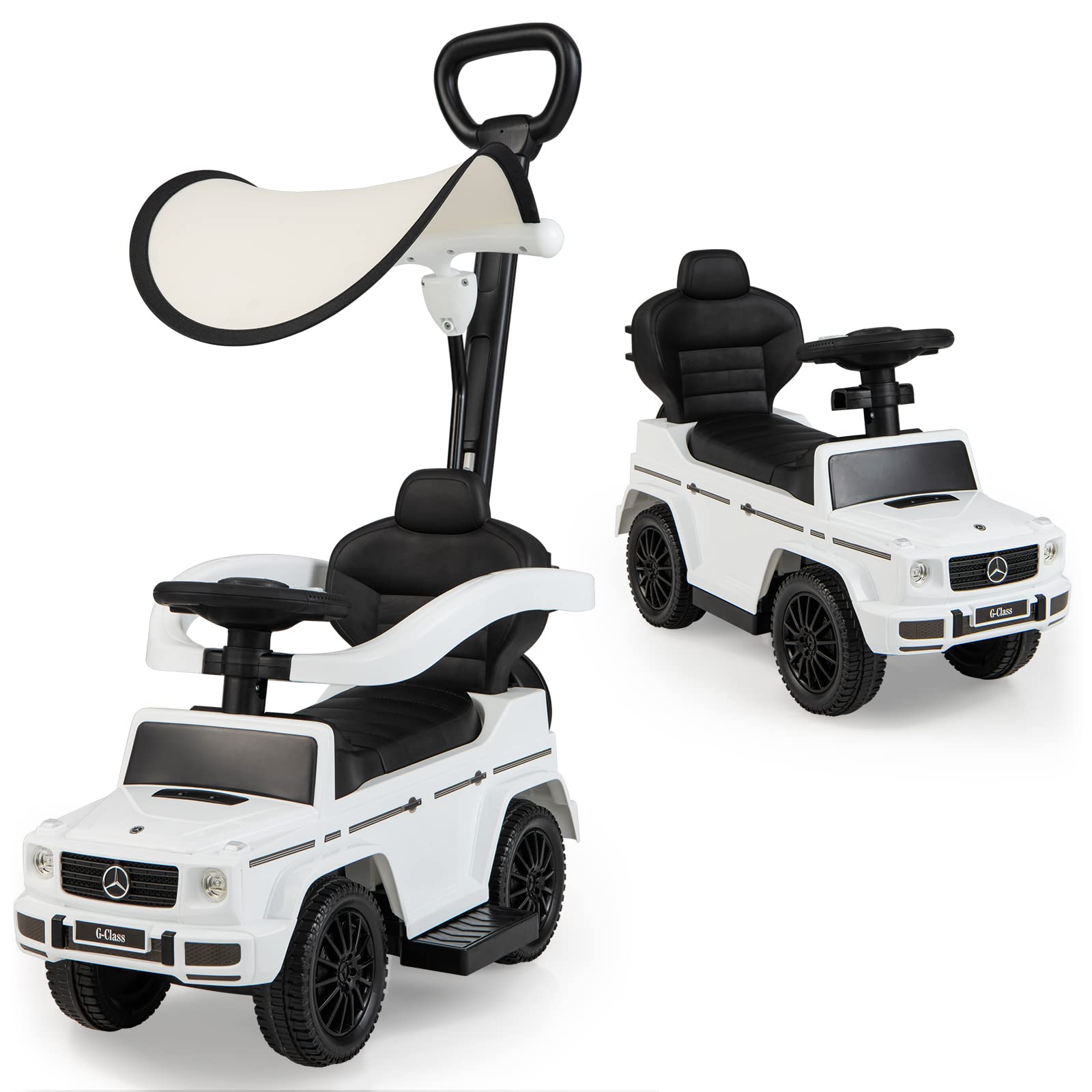 Honey Joy Push Cars For Toddlers, Mercedes Benz Kids Toy Car Stroller W/Push Handle & Detachable Guardrail, Horn & Engine Sound, Seat Storage, Foot-To-Floor Ride On Push Car For Boys Girls(White)