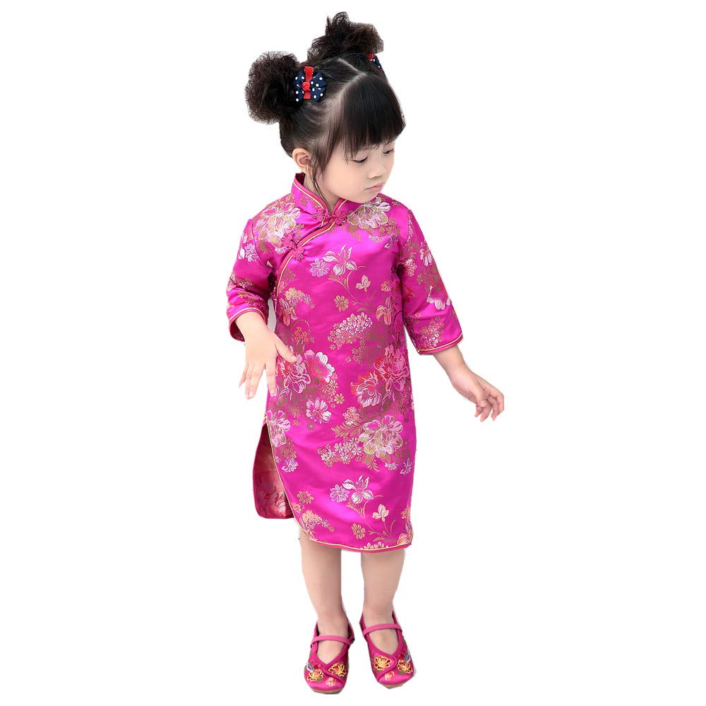 Chinese Girls Dress Peony Rose Qipao Half Sleeve Cheongsam Wedding Dresses Princess Birthday Party Costume (Hot Pink,14)