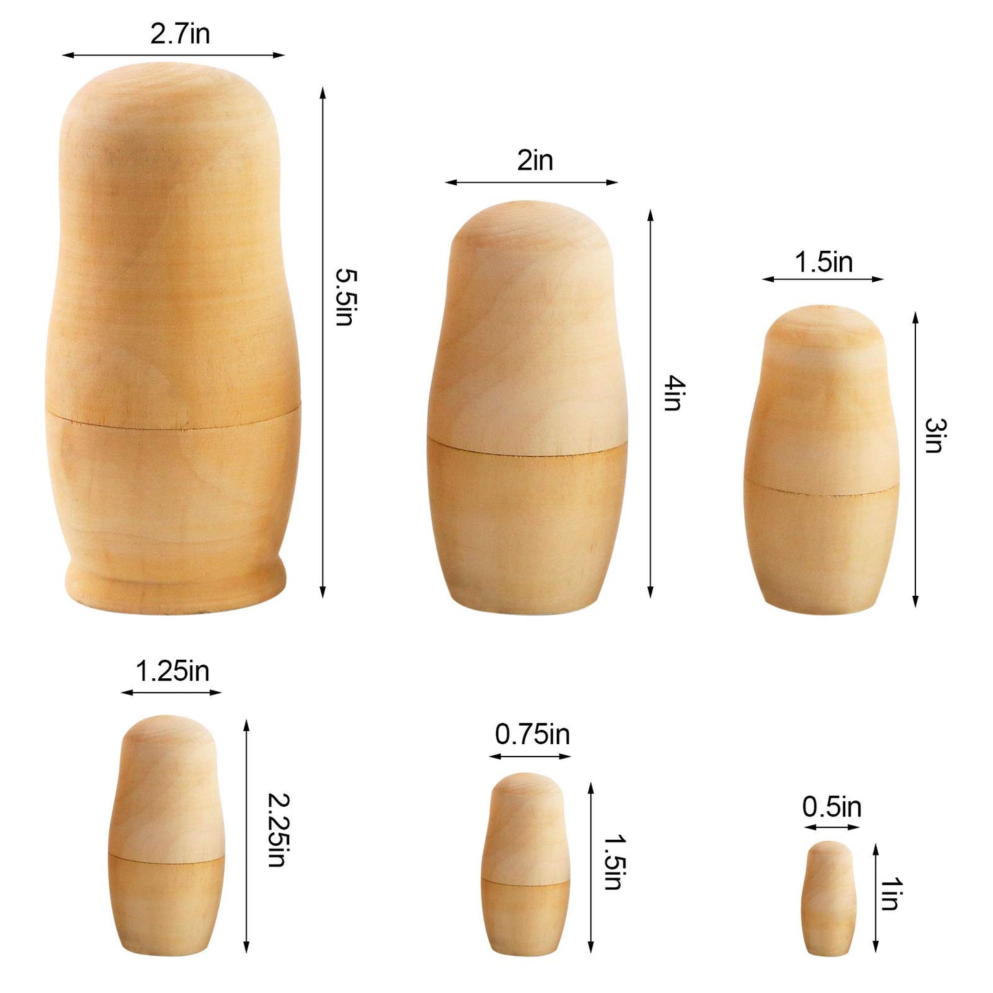 Koogel 6 Set Unpainted Nesting Dolls for Kids  Blank Nesting Dolls Wooden Matryoshka for Parent Child Activities Birthday Gift DIY Enthusiasts