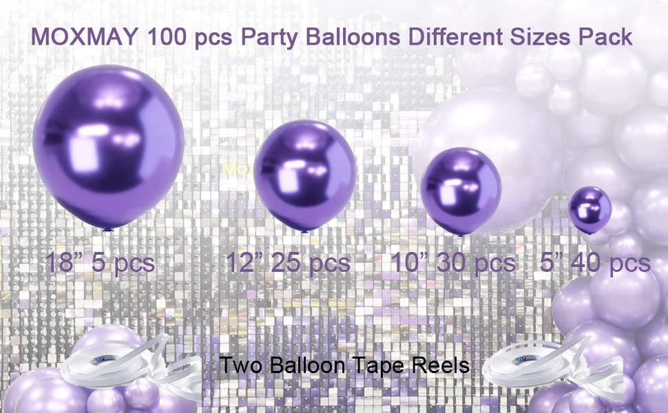 Moxmay 102 Pieces Chrome Purple Balloons 18In 12In 10In 5In Different Sizes Metallic Party Balloon Kit For Birthday Halloween Ch