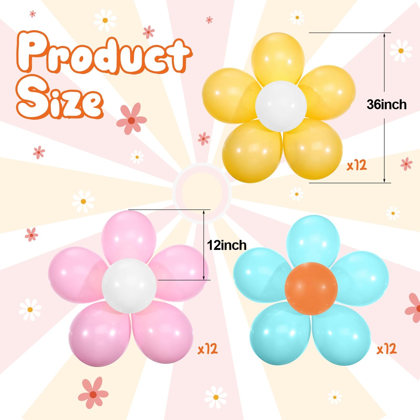 Hiboom 72 Pcs Groovy Retro Hippie Balloons Boho Daisy Party Balloons 12 Inch Rainbow Daisy Flower Butterfly Peace Sign Latex Bal