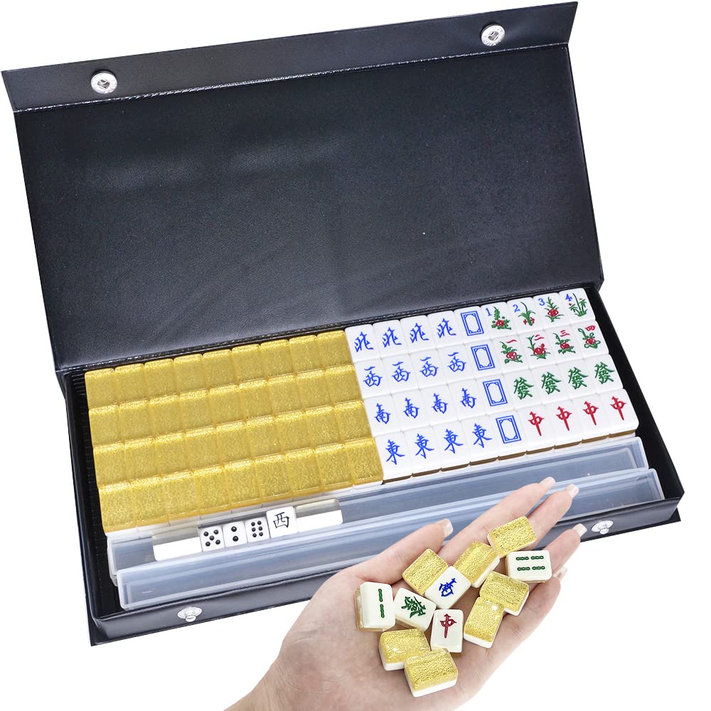 drizzle Gold Travel Mahjong Mini Set 20mm with Instructions - Portable 146 Tiles - for Beginners with 4PCS Racks 2 Pounds - Chinese Mah-Jong Game ??