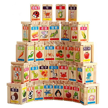 Guaishou Wooden Learning Blocks - Educational Domino Toy Set for Kids, 100pcs, Fruits & Animals Recognition, Model TOY0179