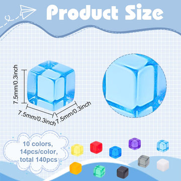 BENECREAT 140Pcs 10 Colors 7.5mm Blank Dice Acrylic Dice Cubes Assorted Color No Hole Beads with Storage Box for Dice DIY Making