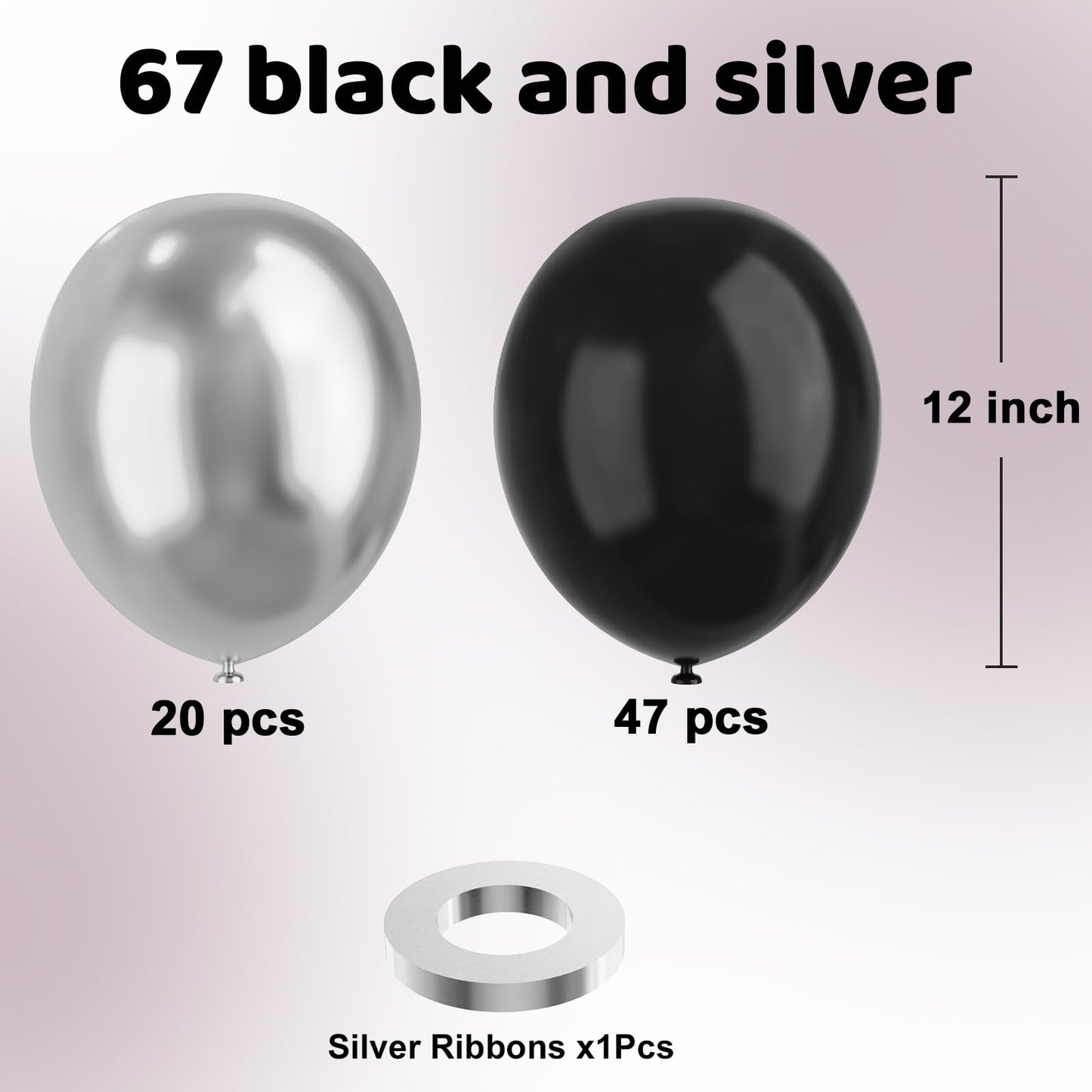 YMSZ 67pcs Metallic Chrome Black & Silver Balloons - 12 Inch Rubber Balloons for Birthday, Baby Shower, Wedding Decoration