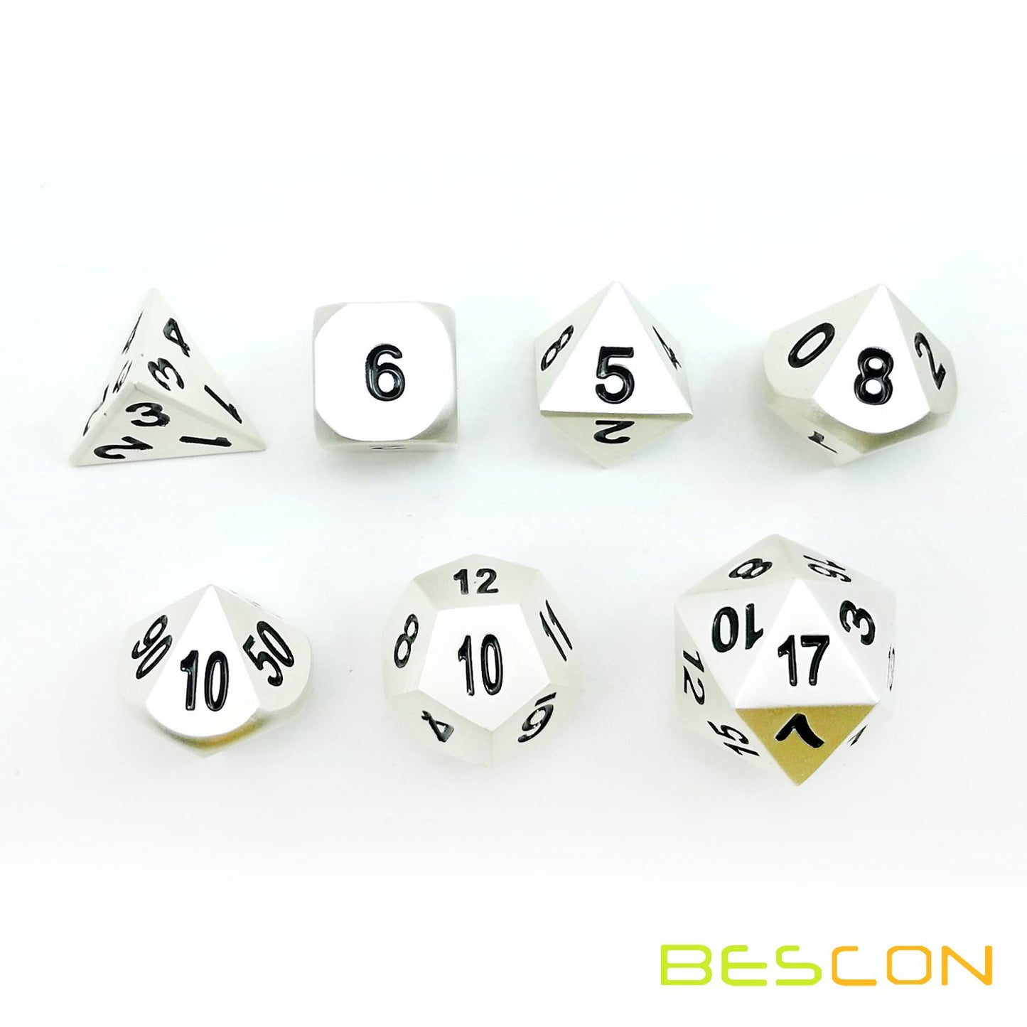 Bescon RPG Metal Dice Set of 7 Matt Pearl Silver Effect Solid Metal Polyhedral RPG Role Playing Game Dice 7pcs Set