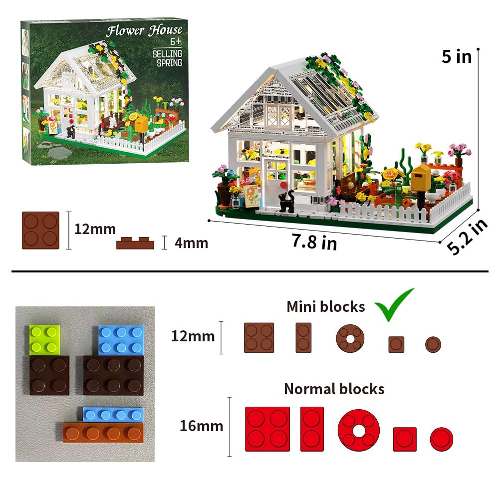 LEGPS YYDS Flower House Building Mini Set, LED Greenhouse Blocks Toy, 8" Size, White, Model MY133, Perfect Valentine/Xmas Gift for Kids 8-12