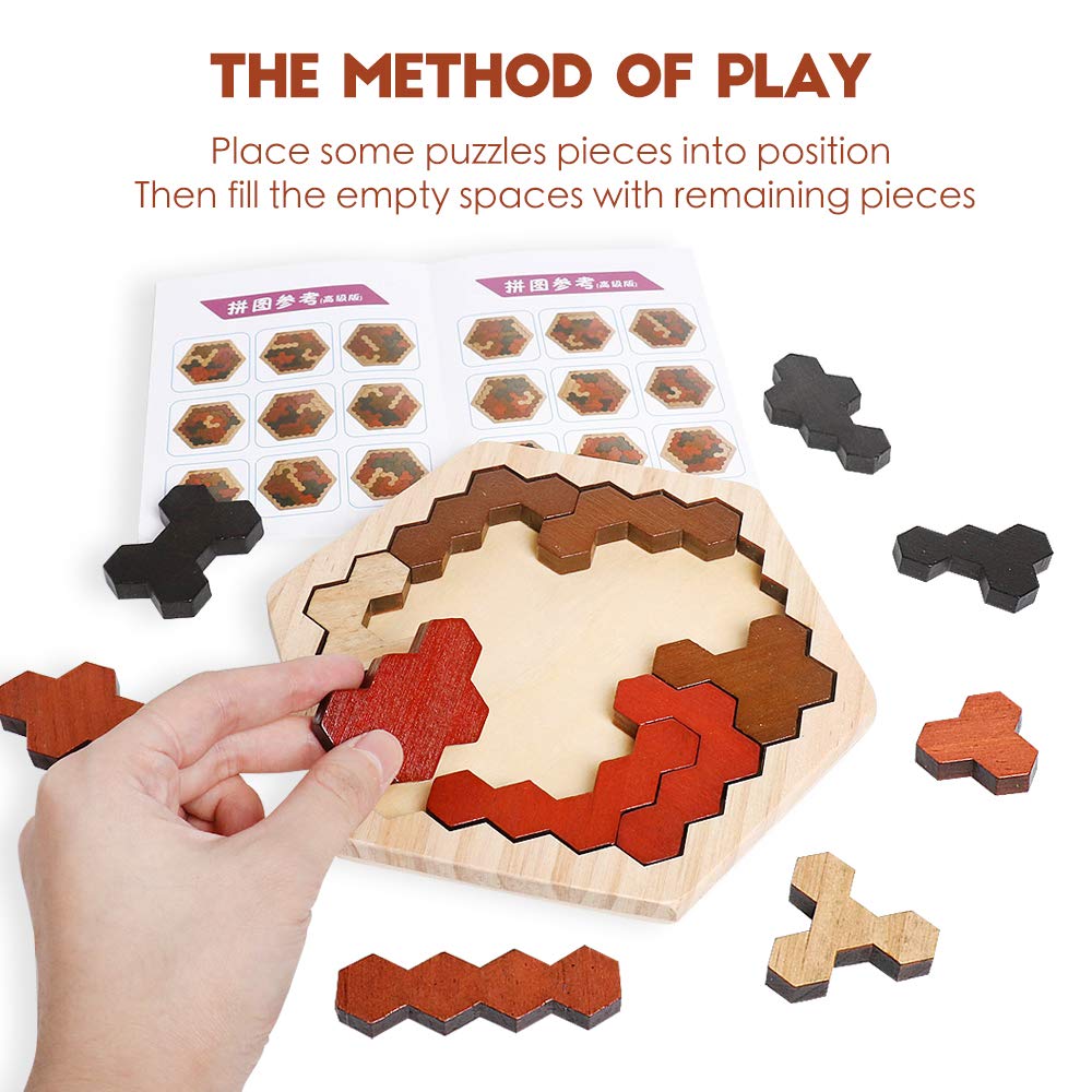 Skrtuan Wooden Hexagon Puzzle For Kid Adults, Colorful Shape Pattern Block Tangram Brain Teaser Toy Geometry Logic Iq Game Stem Montessori Educational Gift For All Ages Challenge Children