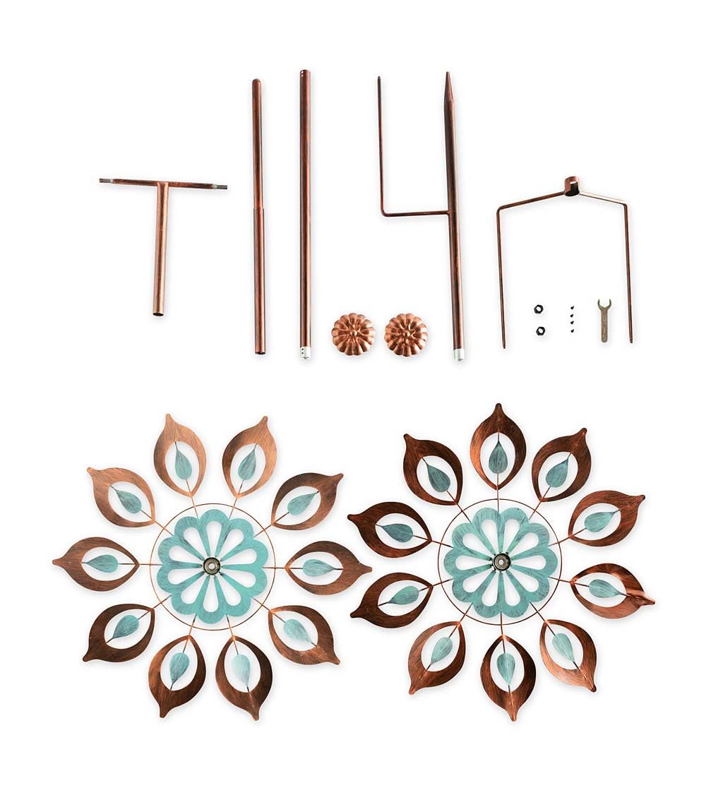 Mesmerizing Copper Lily Wind Spinner Dual-Tone | Petal-In-Petal Design | Independent Rotors | Brushed Copper & Antique Blue |All