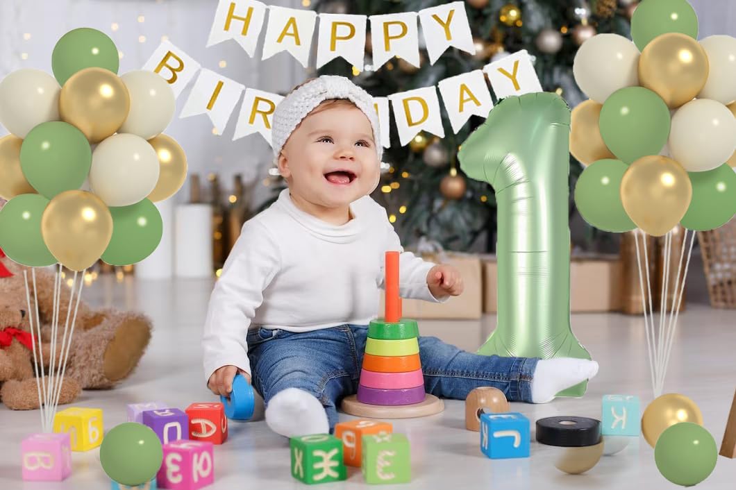 Sage Green First Birthday Decorations For Boys, 40Inch Olive Green Number 1 Balloon And Happy Birthday Banner Set With 12Inch Sa