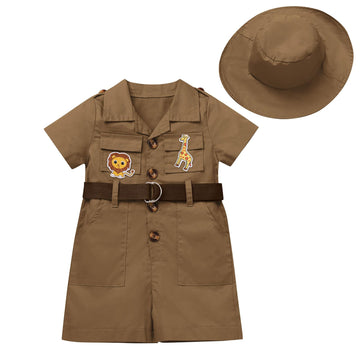 Baby Safari Outfit Wild One Birthday Outfit Girl Short Sleeve Safari Jumpsuit With Hat Toddler Zoo Keeper Costume Brown 6-12 Mon