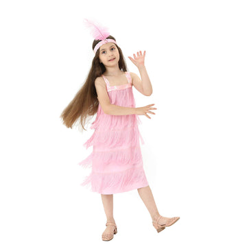 Leadtex Girl 'S 20S Flapper Dresses Costume Dress Childrens Party Fringed Dresses With Feather Headband,Size L(10-12,Pink