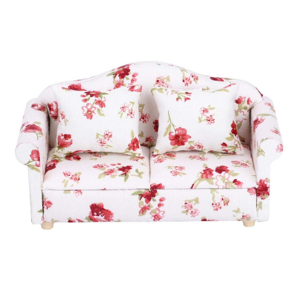 Mini Dollhouse Sofa, 1/12 Scale Dolls House Furniture Couch Flower Pattern Mini Furniture Sofa Set With Back Cushions(#1)