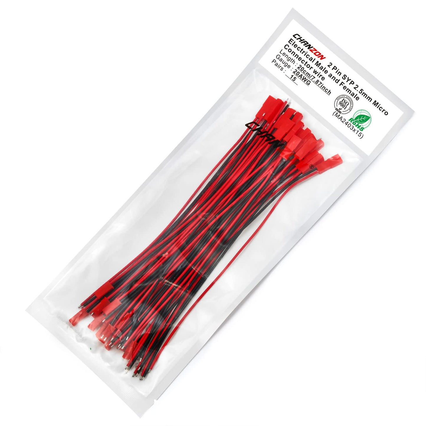 Chanzon 20Awg 15 Pairs Jst Syp 2.5 Mm Pitch 2Pin Plug Connector For 7.87 Inch Ul1007 Tinned Copper Wire For Rc Toys Battery Etc.